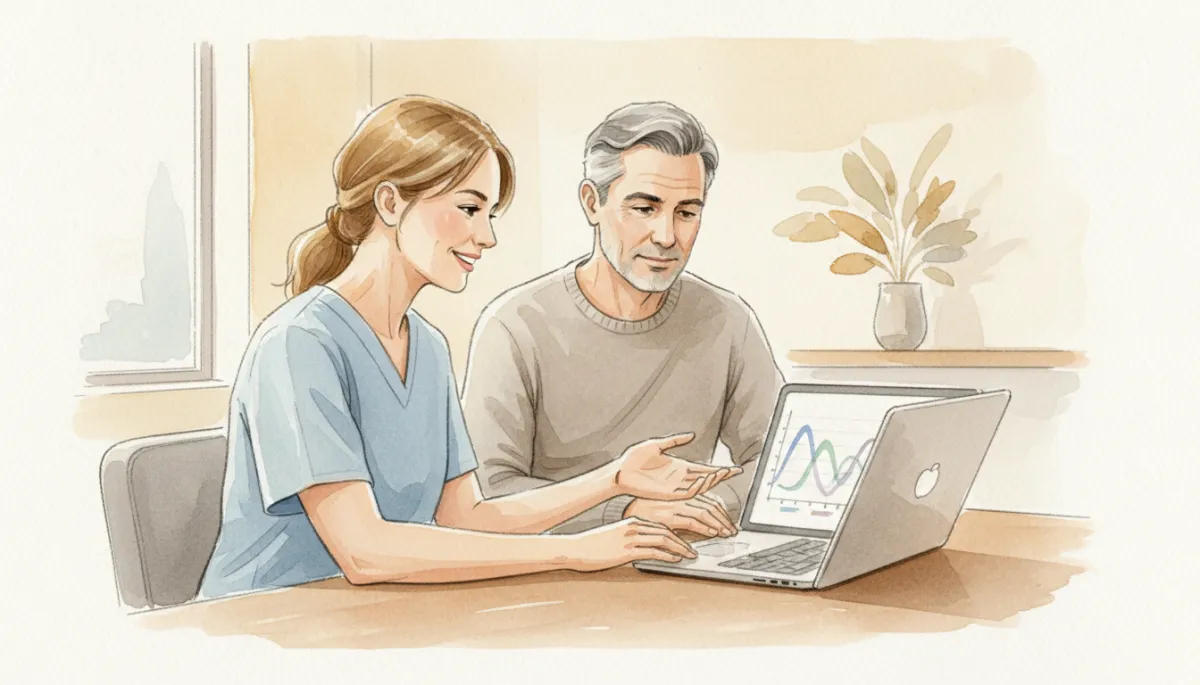 Clinician and client looking at brainwave and HRV graphs on a laptop in a calm clinic Clinician and client looking at brainwave and HRV graphs on a laptop in a calm clinic