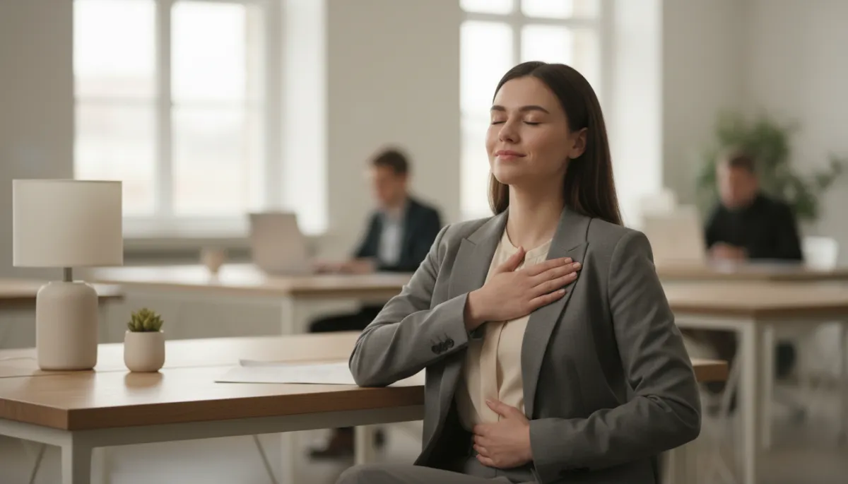 Person practising calm breathing with hands on chest and abdomen
