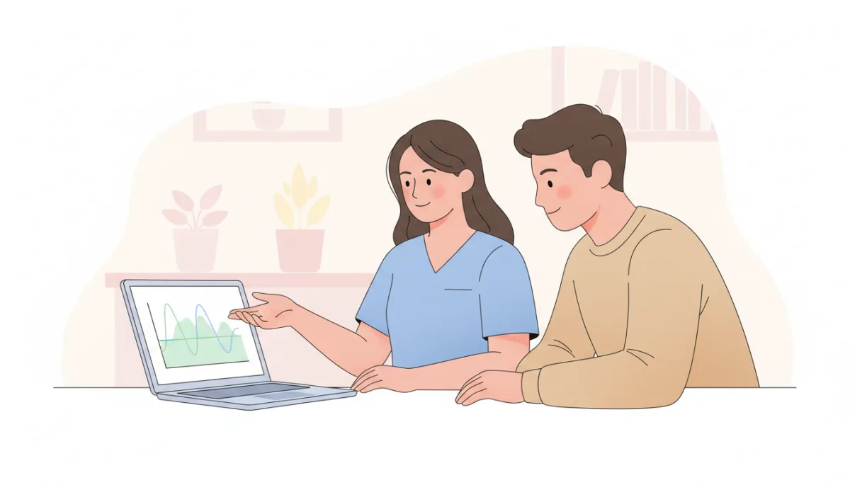 Clinician and client reviewing heart rate variability patterns on a laptop in a calm clinic setting Clinician and client reviewing heart rate variability patterns on a laptop in a calm clinic setting