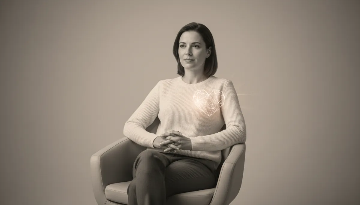 Person sitting calmly with a subtle focus on the chest area