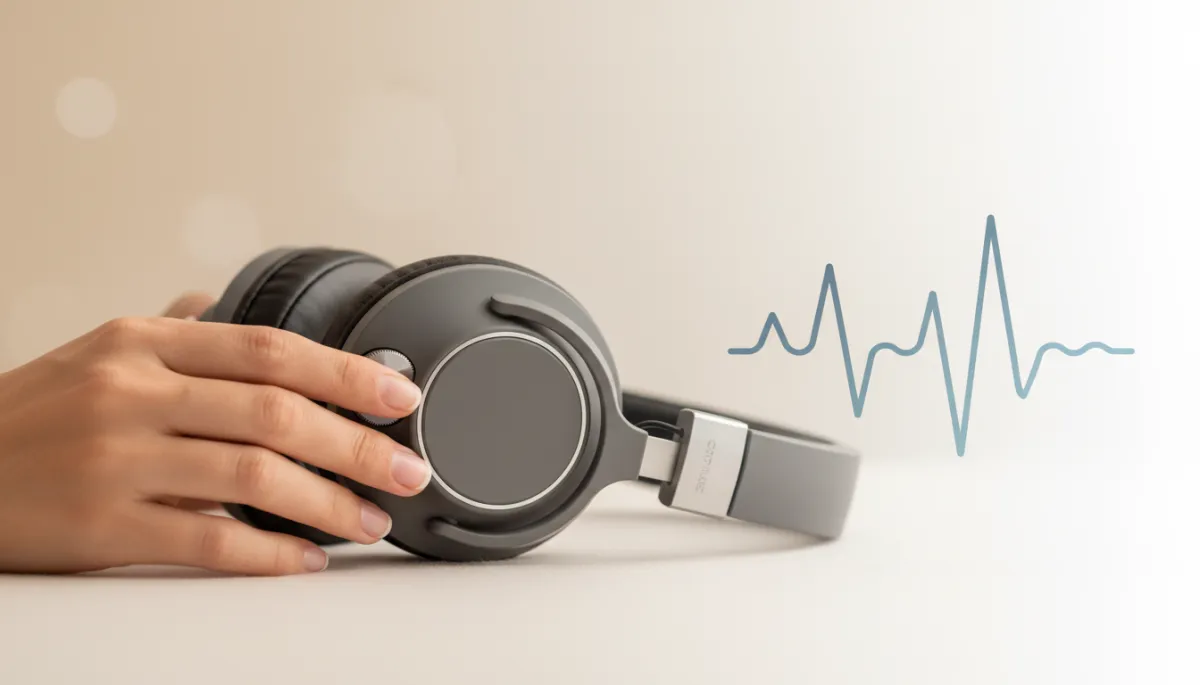Hands adjusting headphones beside a simple illustration of calmer brain activity