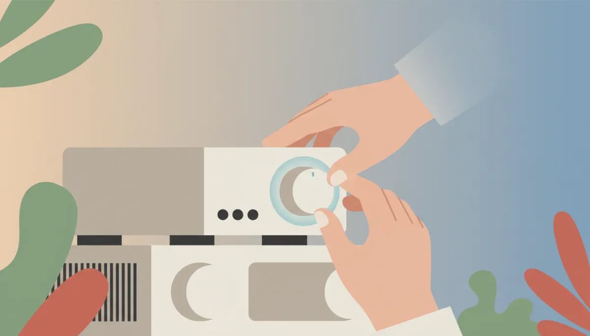 Hands adjusting volume on a home audio system in a calm environment