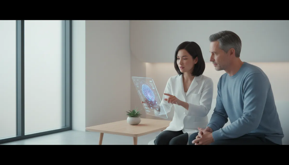 Clinician explaining brain-related findings to a client in a calm setting