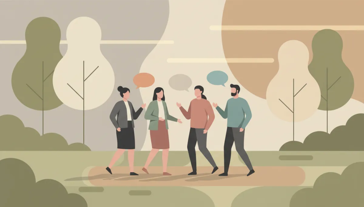Group of people walking and talking together in a park