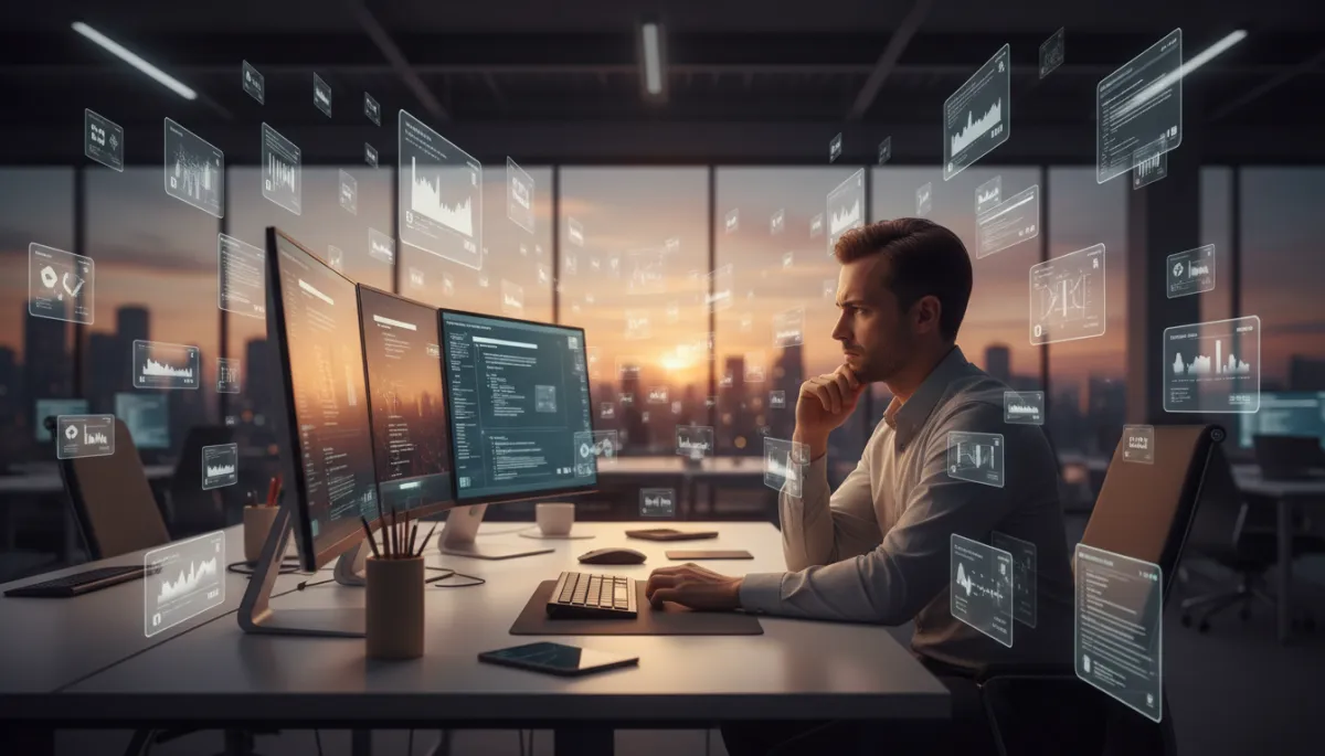 Person at a desk surrounded by notifications, appearing mentally busy and slightly tense Person at a desk surrounded by notifications, appearing mentally busy and slightly tense