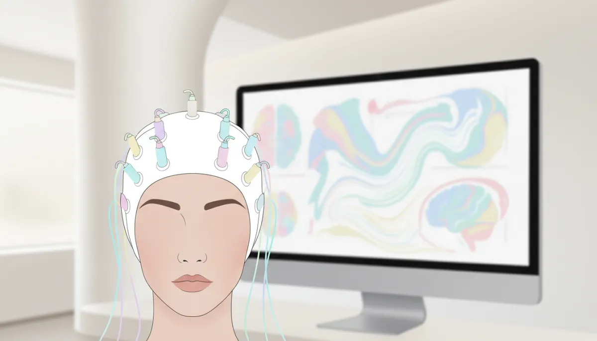 Person wearing a qEEG cap while their brainwave activity is recorded Person wearing a qEEG cap while their brainwave activity is recorded
