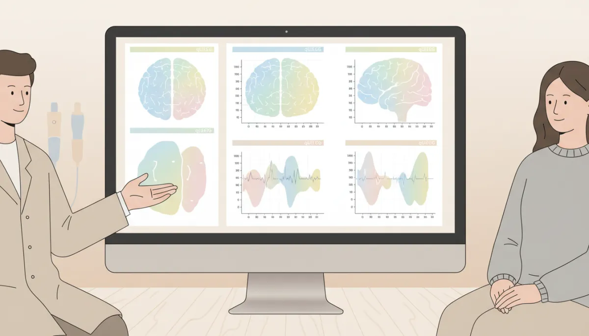 Clinician reviewing qEEG brain mapping results with a client in a professional setting Clinician reviewing qEEG brain mapping results with a client in a professional setting