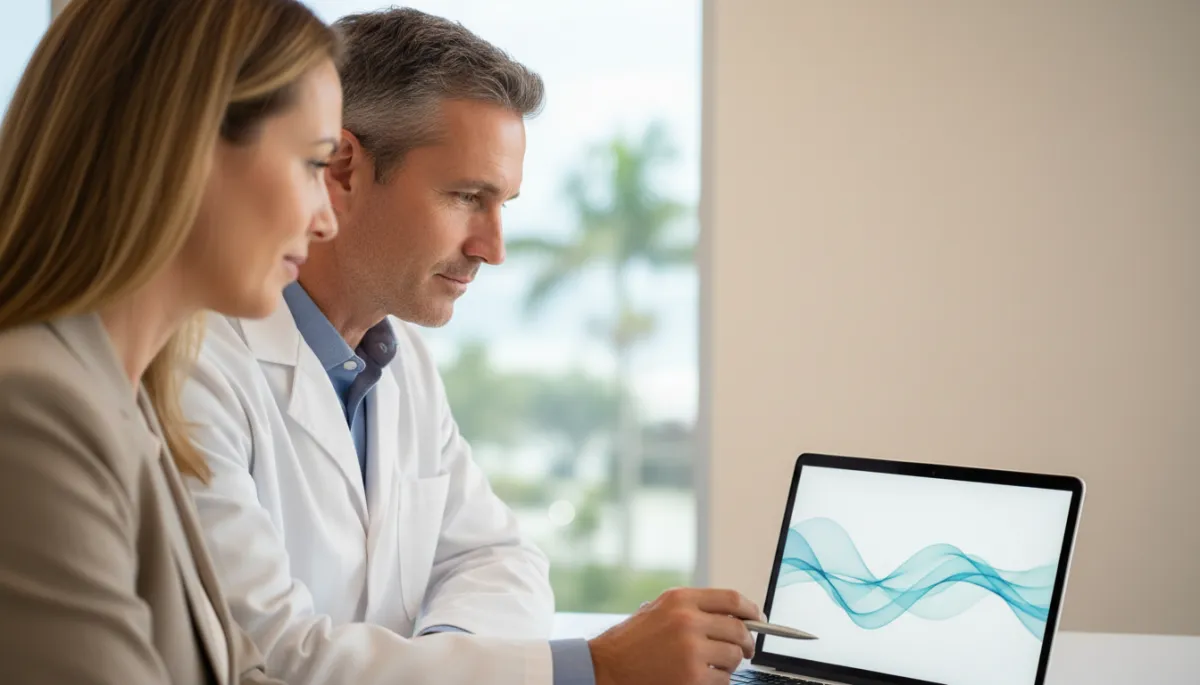 Person discussing brain and nervous system patterns with a clinician using a laptop graphic Person discussing brain and nervous system patterns with a clinician using a laptop graphic