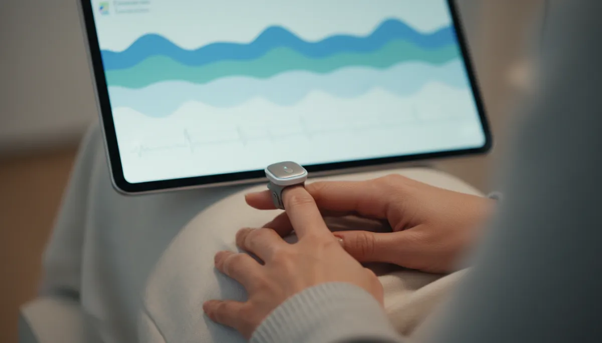 Professional neutral-toned image of a person having their heart rate variability measured in a calm clinic setting Professional neutral-toned image of a person having their heart rate variability measured in a calm clinic setting