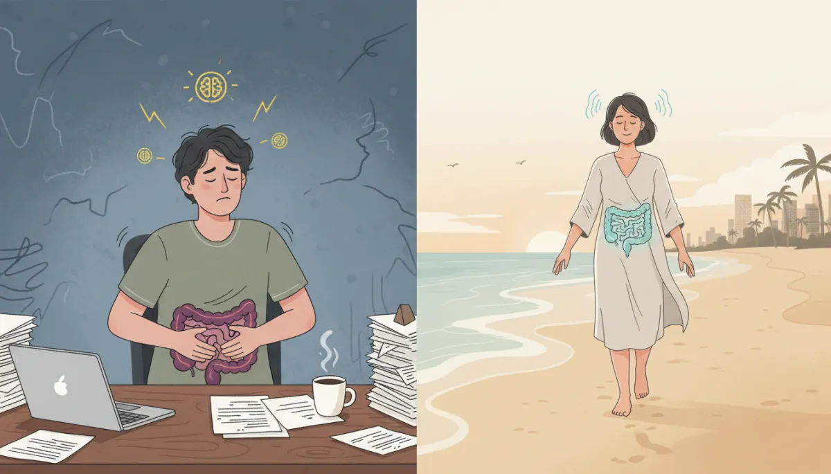 Illustration comparing tense stressed digestion with calmer nervous-system state Illustration comparing tense stressed digestion with calmer nervous-system state
