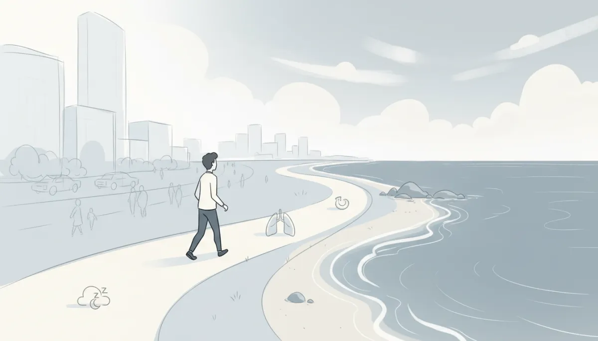Illustration of a person moving from a busy environment toward a calmer, restorative space Illustration of a person moving from a busy environment toward a calmer, restorative space