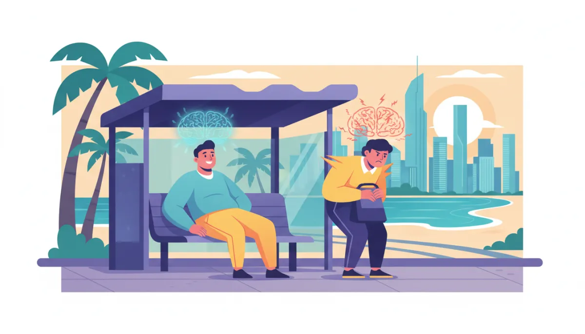 Editorial illustration showing two people experiencing the same environment with different nervous-system responses