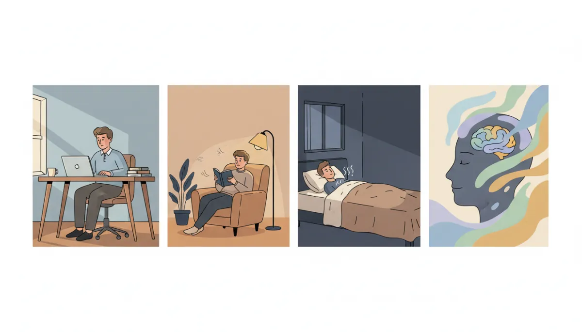 Editorial cartoon illustration showing a transition from daytime activity to restful sleep
