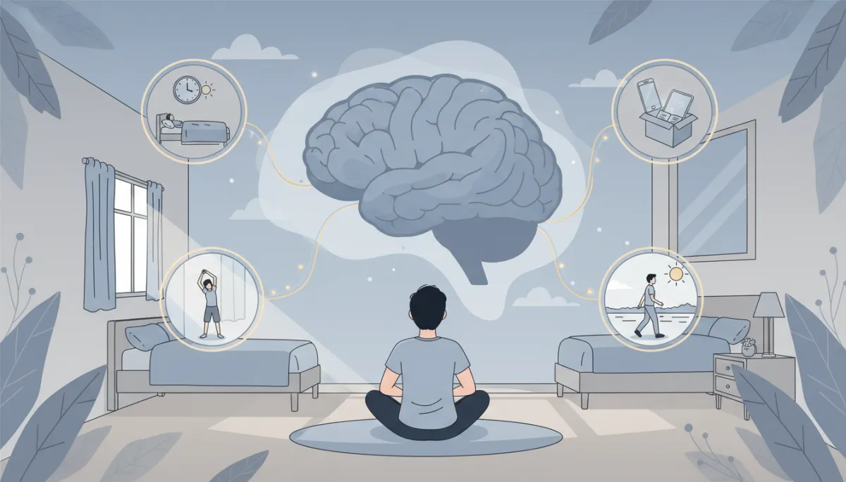 Illustration of lifestyle habits that support healthy sleep and memory