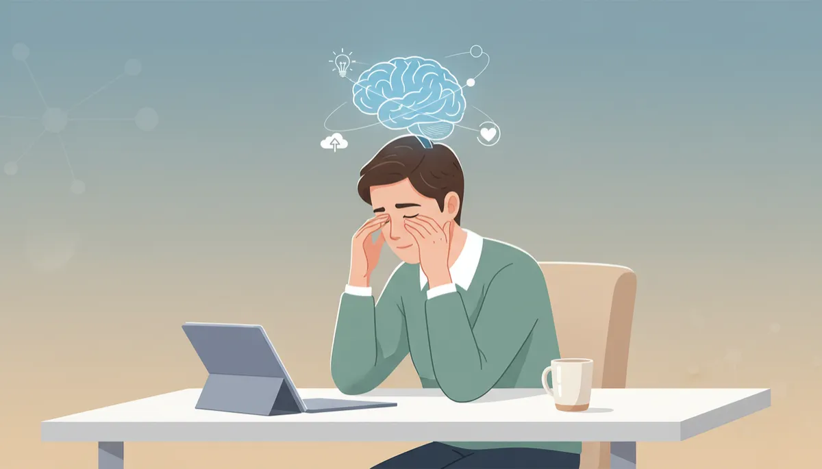 Premium editorial cartoon / digital illustration showing a daytime scene of the same adult from the hero image at a desk, rubbing their eyes with a gentle look of fatigue, subtle translucent overlay of a brain with small icons for attention, memory and emotion around it, neutral and calm colour palette, high-end neuroscience and wellness magazine style