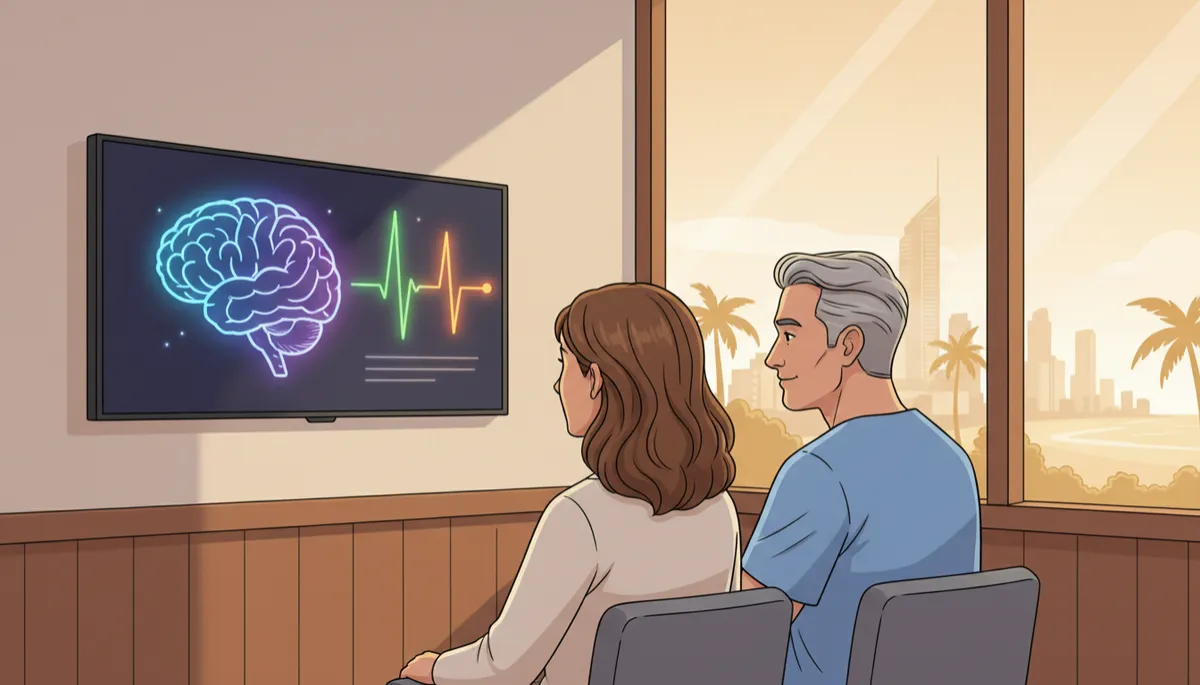 Illustrated clinician and adult reviewing a stylised brain and nervous-system report together Illustrated clinician and adult reviewing a stylised brain and nervous-system report together
