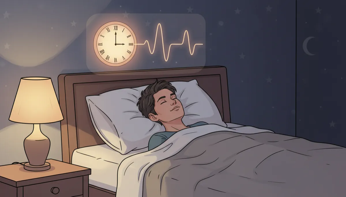 Illustration of a person in bed with soft brainwave and clock overlay, symbolising sleep and brain function Illustration of a person in bed with soft brainwave and clock overlay, symbolising sleep and brain function