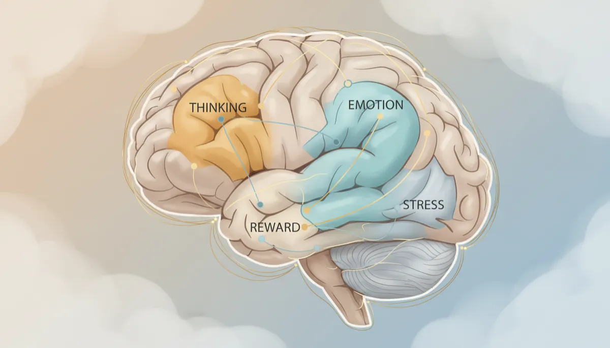 Stylised illustration of interconnected brain regions related to emotion, thinking, reward and stress Stylised illustration of interconnected brain regions related to emotion, thinking, reward and stress