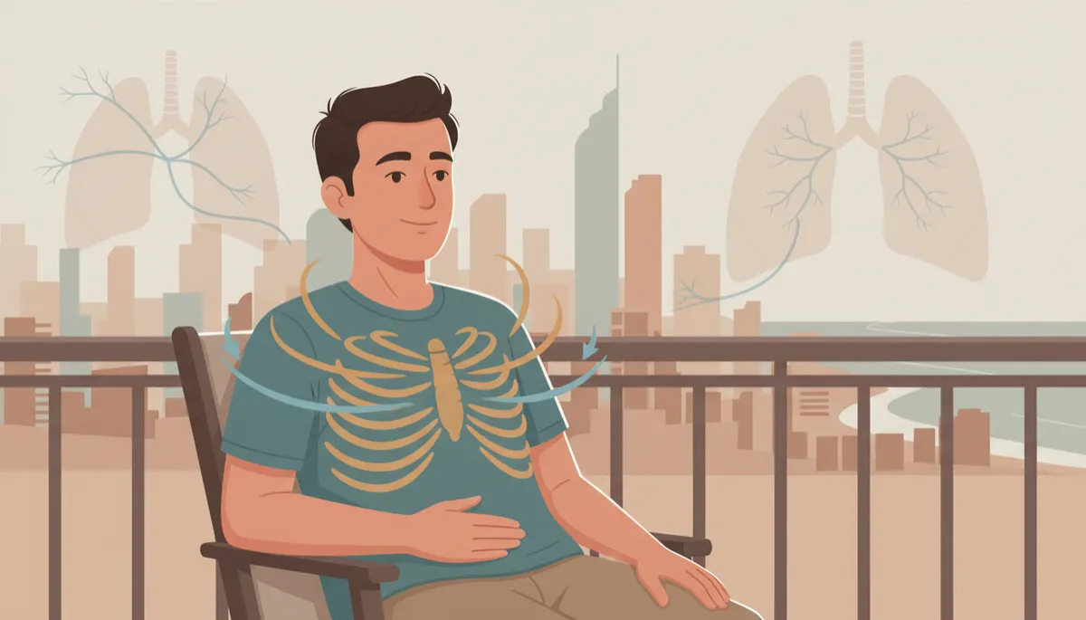Editorial illustration of an adult practicing slow, comfortable breathing to support nervous-system regulation