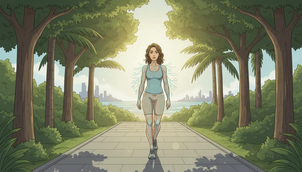 Editorial illustration of a person using gentle walking to support stress recovery and nervous-system regulation