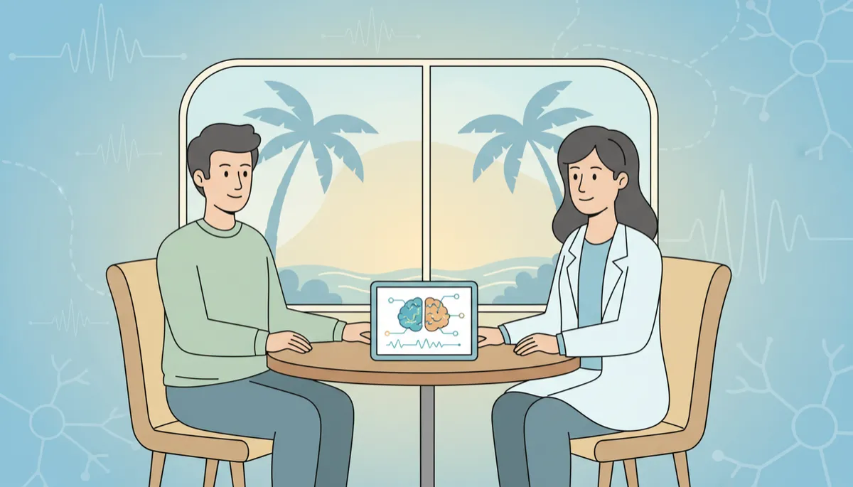 Editorial illustration of a person discussing brain and nervous system assessment results with a clinician
