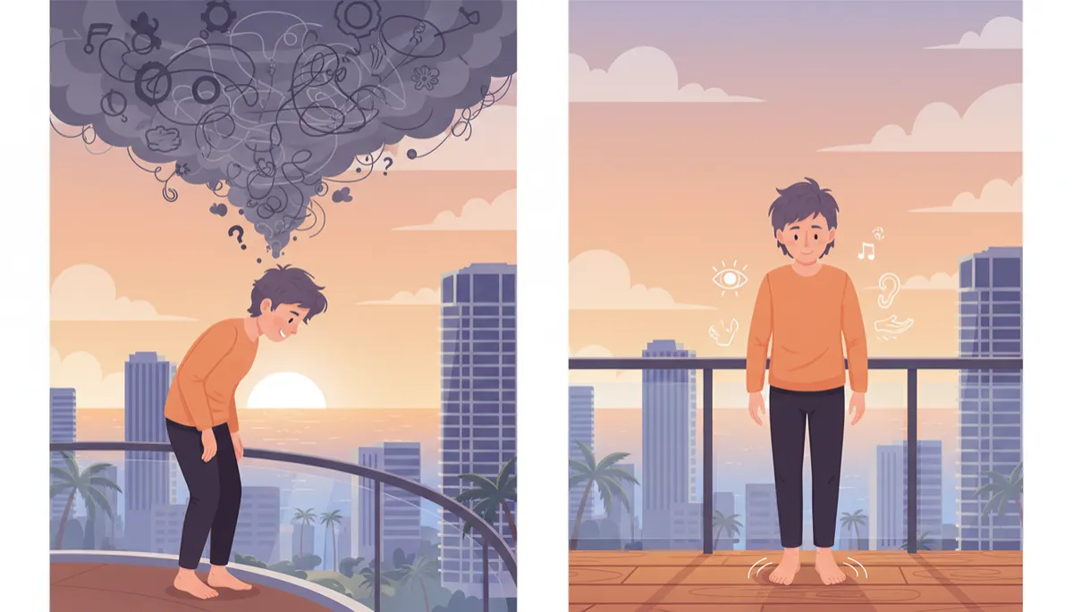 Editorial illustration of a person using grounding and sensory awareness to settle during stress