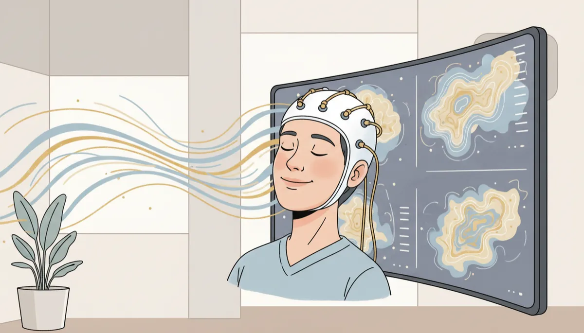 Illustrated qEEG brain mapping session with calm client