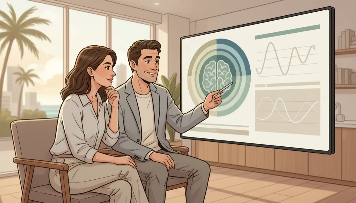 Illustrated clinician and client reviewing stylised brain mapping results together