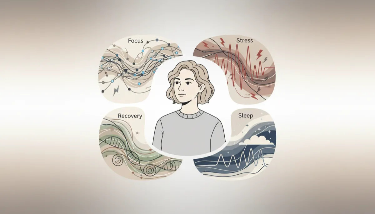 Illustrated adult with stylised panels showing interconnected focus, stress, recovery and sleep brain states