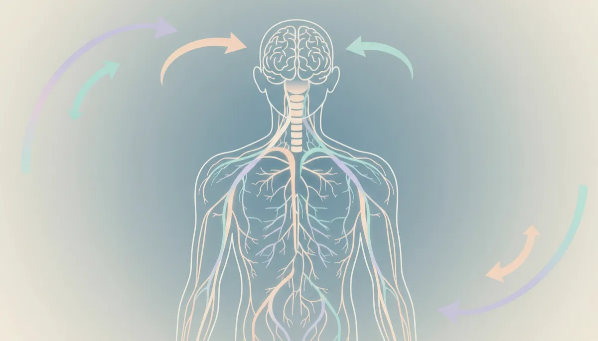 Simple illustration of the brain, spinal cord and nerves communicating throughout the body Simple illustration of the brain, spinal cord and nerves communicating throughout the body