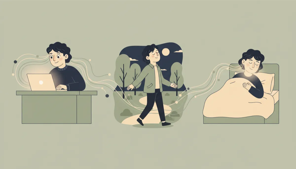 Illustration of an adult moving between focused work, recovery and rest with adaptable neural pathways Illustration of an adult moving between focused work, recovery and rest with adaptable neural pathways