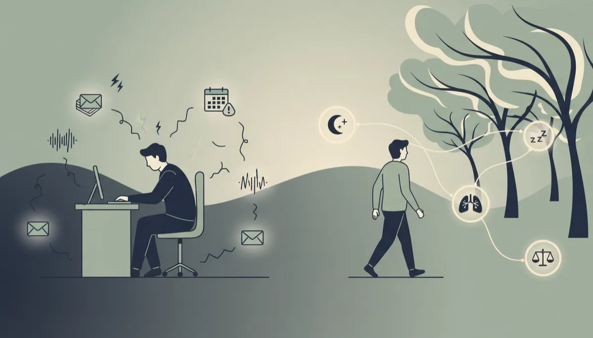 Illustrated comparison of daily stressors and gentle recovery activities connected by subtle neural pathways Illustrated comparison of daily stressors and gentle recovery activities connected by subtle neural pathways