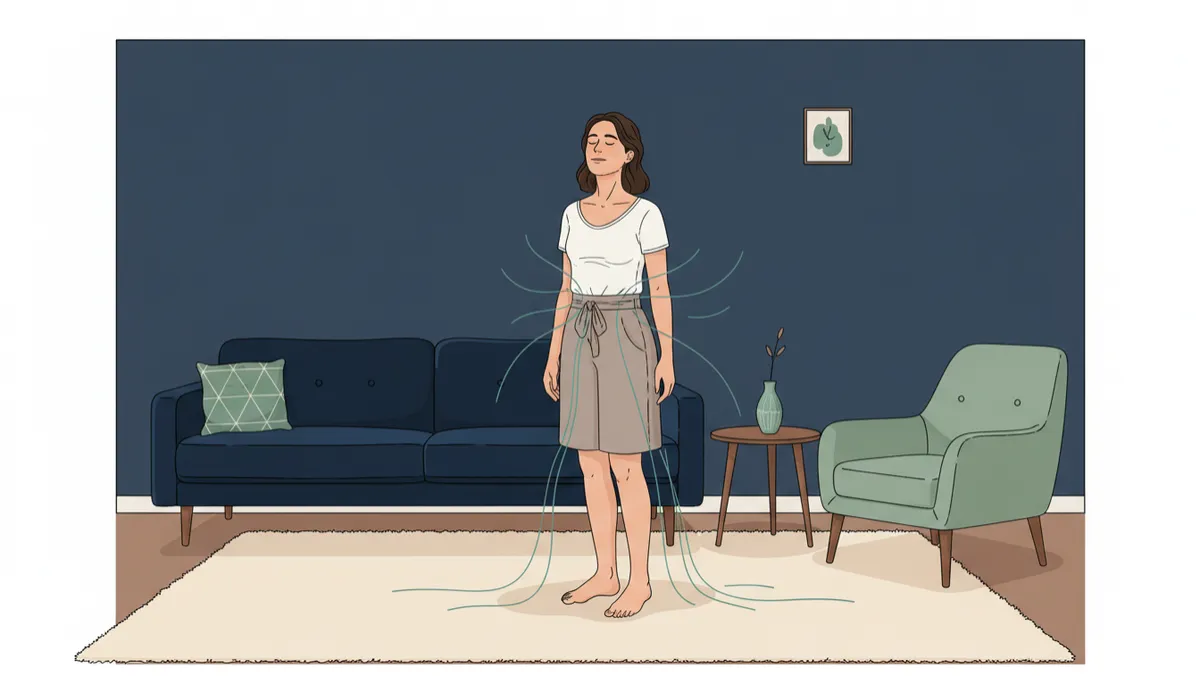 Person quietly grounding through their senses in a calm modern room Person quietly grounding through their senses in a calm modern room