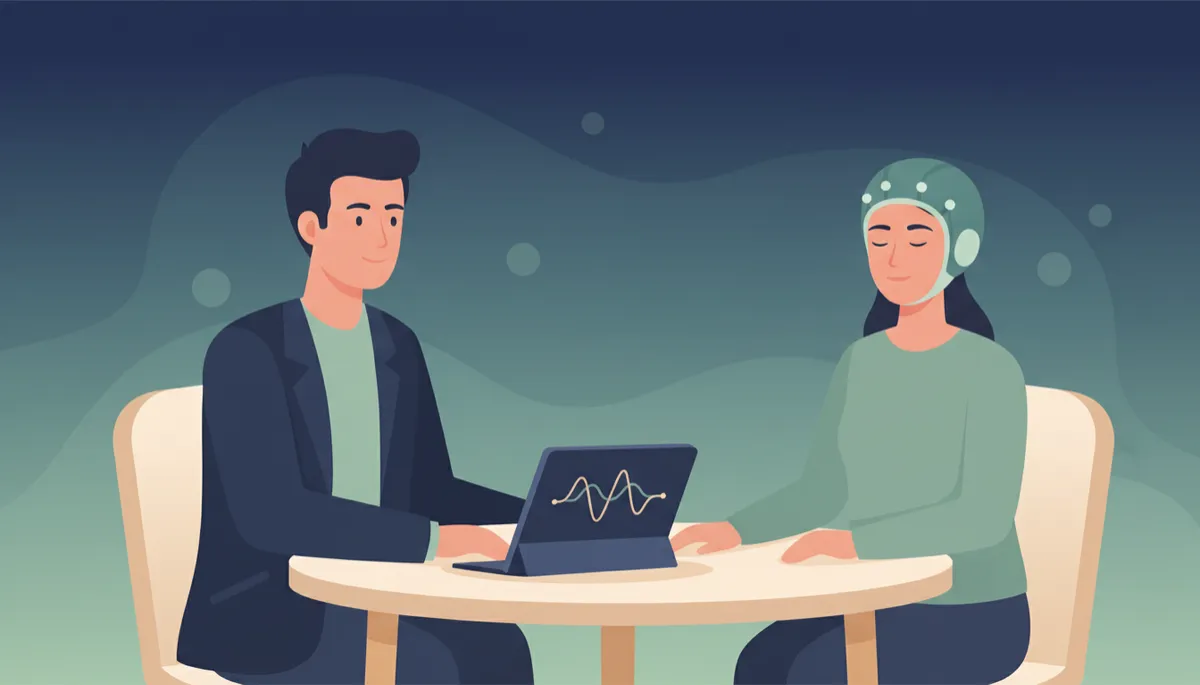 Premium editorial-style illustration of a clinician and client seated across a small table with a tablet showing a simple brainwave graphic; the client wears a qEEG sensor cap and looks relaxed; clean educational graphic in deep navy, muted teal, warm ivory, and soft sage tones Premium editorial-style illustration of a clinician and client seated across a small table with a tablet showing a simple brainwave graphic; the client wears a qEEG sensor cap and looks relaxed; clean educational graphic in deep navy, muted teal, warm ivory, and soft sage tones