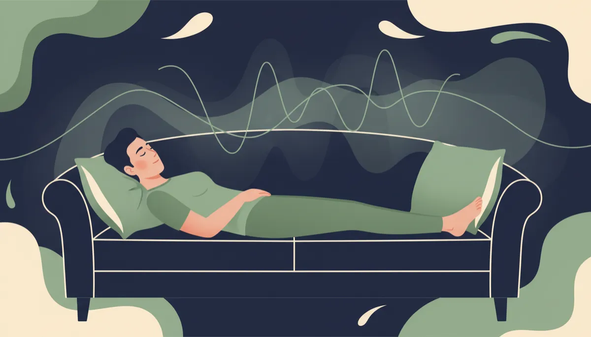 Person resting with a hand on their abdomen, following a slow breathing pattern Person resting with a hand on their abdomen, following a slow breathing pattern