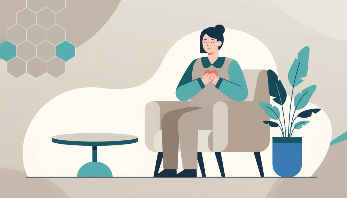 professional neutral-toned photo of a person sitting comfortably in a calm clinic lounge, hands resting over heart, eyes softly closed, with subtle blue and teal accents reflecting Neurotherapy Australia brand colours