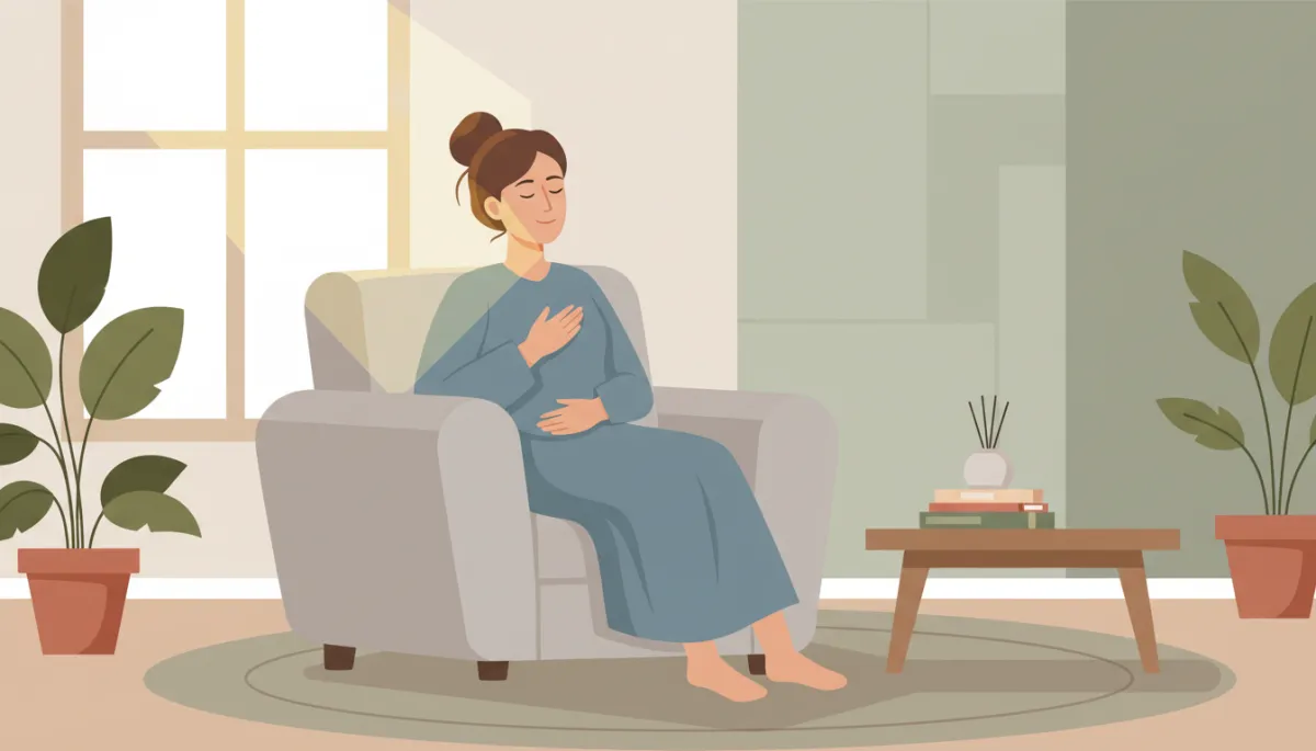 professional neutral-toned scene of a person sitting comfortably in a quiet clinic space with eyes closed, one hand on heart and one on abdomen, soft natural light, calm therapist office environment professional neutral-toned scene of a person sitting comfortably in a quiet clinic space with eyes closed, one hand on heart and one on abdomen, soft natural light, calm therapist office environment