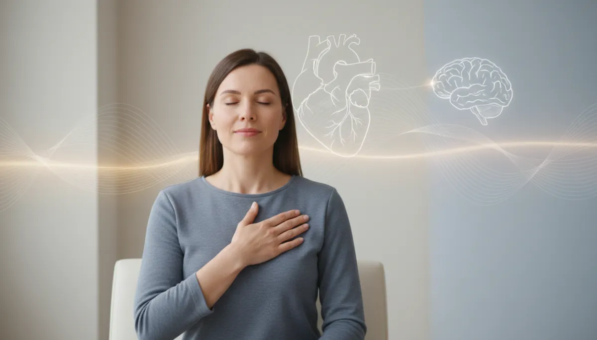 professional, neutral-toned scene of a person sitting comfortably in a calm clinic environment, one hand resting over the centre of the chest, eyes softly closed, subtle heart and brain outline graphics connected by gentle waves in the background professional, neutral-toned scene of a person sitting comfortably in a calm clinic environment, one hand resting over the centre of the chest, eyes softly closed, subtle heart and brain outline graphics connected by gentle waves in the background