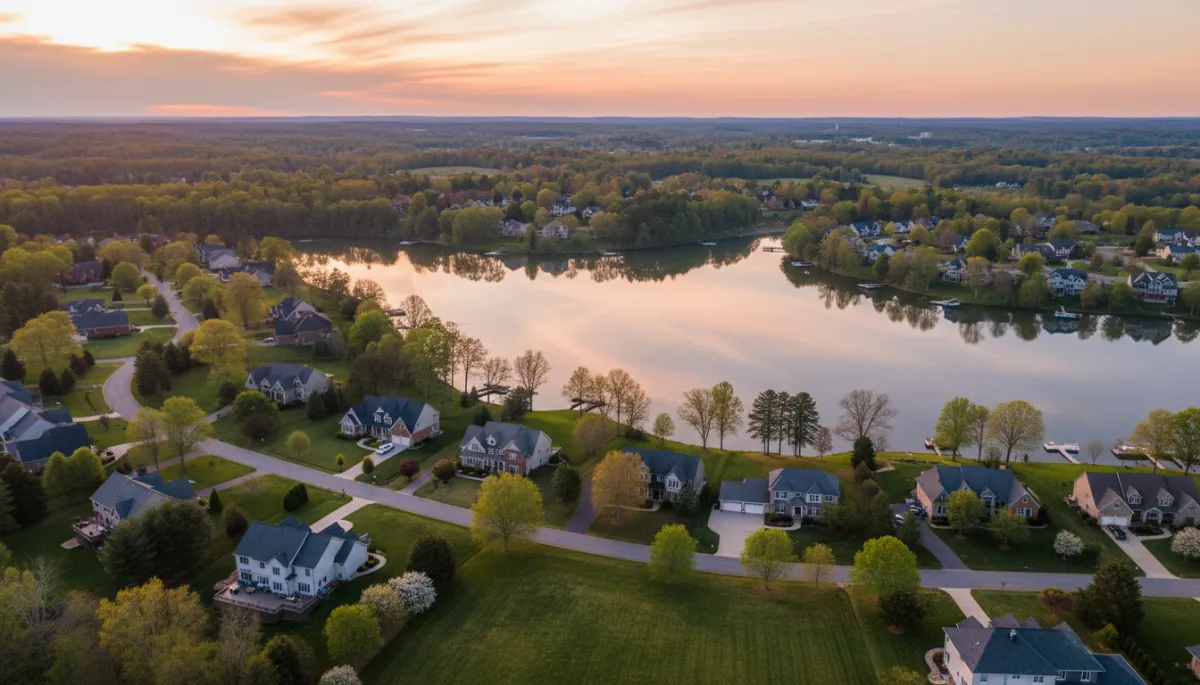 A highly realistic, professionally photographed aerial view of Biltmore Lake community in North Carolina at early spring sunset. The lake is calm, homes are well-kept, and the lighting is soft and golden. The image should look natural and photographic, with a subtle area in the sky suitable for text overlay. Absolutely no cartoon or illustrated effects—strictly a realistic, professional look. A highly realistic, professionally photographed aerial view of Biltmore Lake community in North Carolina at early spring sunset. The lake is calm, homes are well-kept, and the lighting is soft and golden. The image should look natural and photographic, with a subtle area in the sky suitable for text overlay. Absolutely no cartoon or illustrated effects—strictly a realistic, professional look.