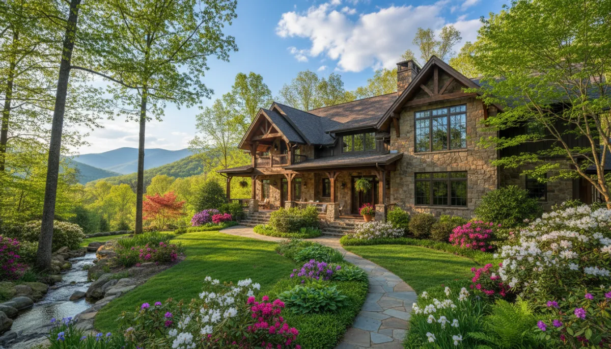 A realistic, high-resolution professional photograph of a Biltmore Lake style home in North Carolina, featuring lush spring landscaping, vibrant greenery, and excellent curb appeal. The home and yard should look inviting and natural, emphasizing authenticity and professionalism. No cartoon, drawn, or stylized effects—must be photo-realistic. A realistic, high-resolution professional photograph of a Biltmore Lake style home in North Carolina, featuring lush spring landscaping, vibrant greenery, and excellent curb appeal. The home and yard should look inviting and natural, emphasizing authenticity and professionalism. No cartoon, drawn, or stylized effects—must be photo-realistic.