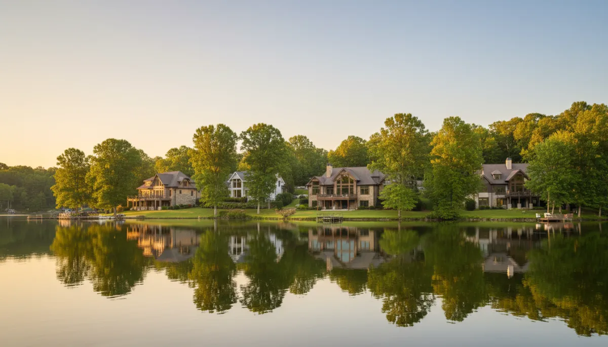 A highly realistic, professional wide-angle photograph of upscale lakeside homes in Biltmore Lake, NC at golden hour. The scene features calm water reflecting actual houses and mature trees, with a neutral color palette, and a clear area in the sky for overlay text. No illustrations or artificial elements.