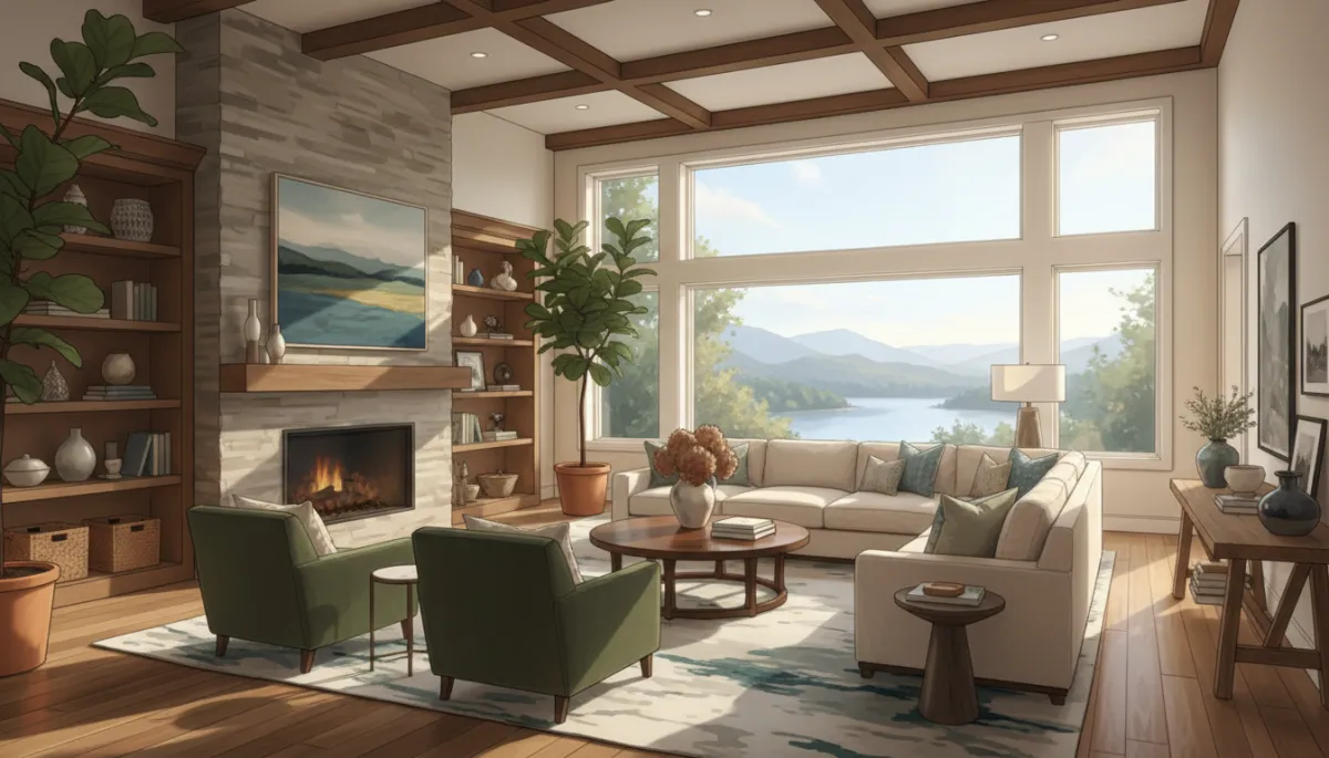 A realistic, professionally photographed high-end living room interior from a luxury home in Biltmore Lake, NC, showcasing upscale furnishings, tasteful decor, and abundant natural light. No artificial effects or virtual staging.