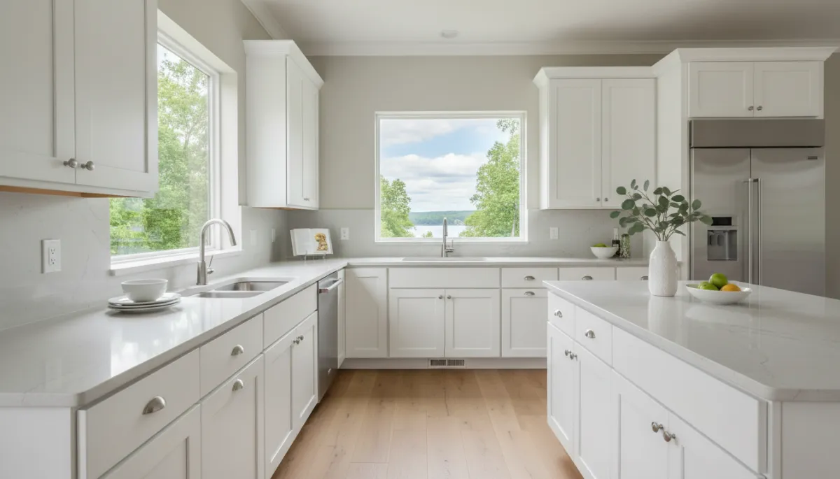 professional photorealistic bright neutral kitchen in a Biltmore Lake style home, white cabinets, light stone countertops, stainless appliances, simple decor, large window with view of trees professional photorealistic bright neutral kitchen in a Biltmore Lake style home, white cabinets, light stone countertops, stainless appliances, simple decor, large window with view of trees
