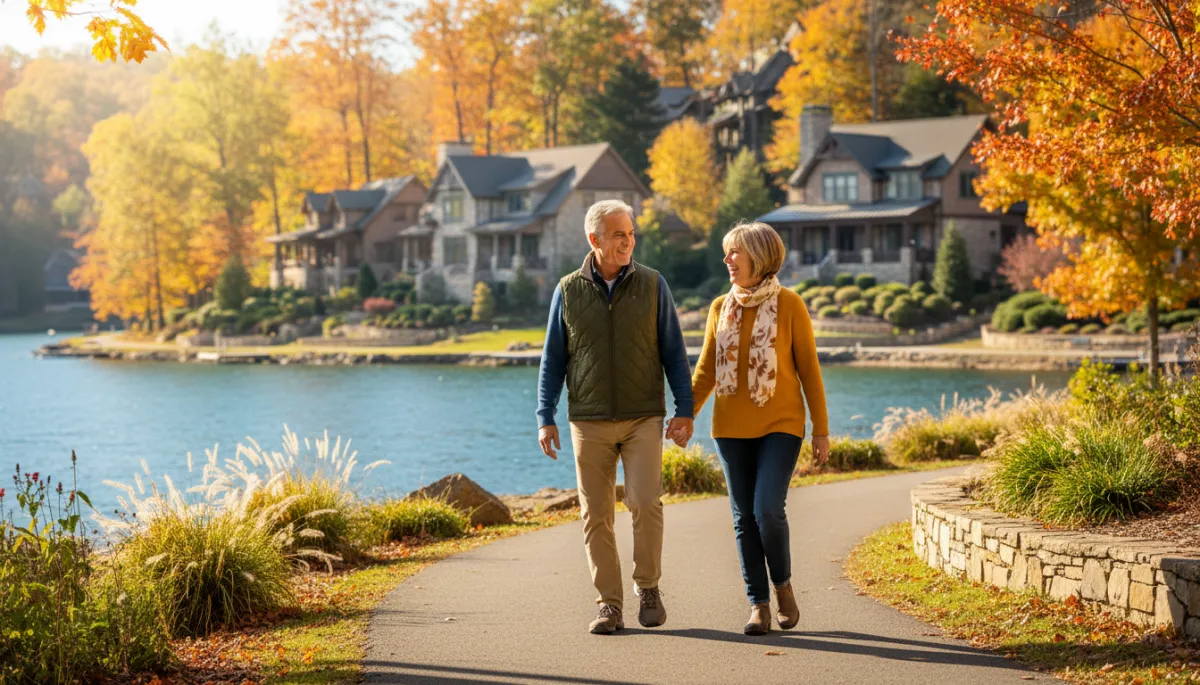 A realistic, candid photograph of two retirees walking together on a lakeside paved trail in Biltmore Lake, North Carolina. The background should feature actual craftsman-style homes, mature autumn trees with vivid foliage, and natural landscaping. The people should appear genuinely engaged, in comfortable attire for a fall afternoon, with accurate body language and lighting that matches a clear, mild day.