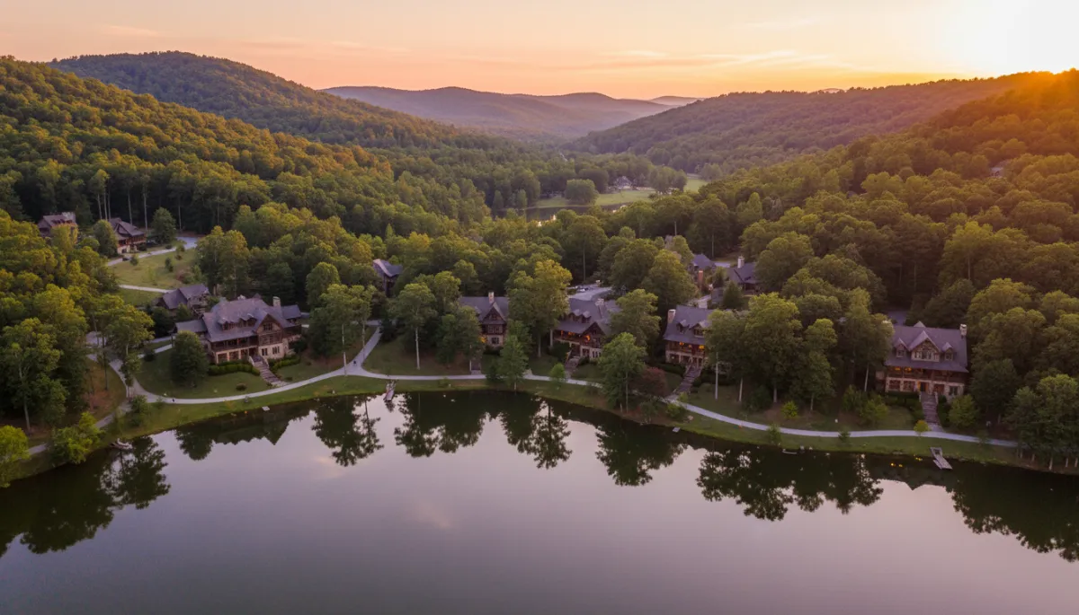 A highly realistic, professional aerial photograph of Biltmore Lake, North Carolina at sunset. The image should show the calm lake with accurate water reflections, wooded rolling hills, paved walking paths, and authentic craftsman-style homes with true-to-life architectural details. Use natural colors, visible textures, and realistic lighting conditions typical of an early evening in Western North Carolina.