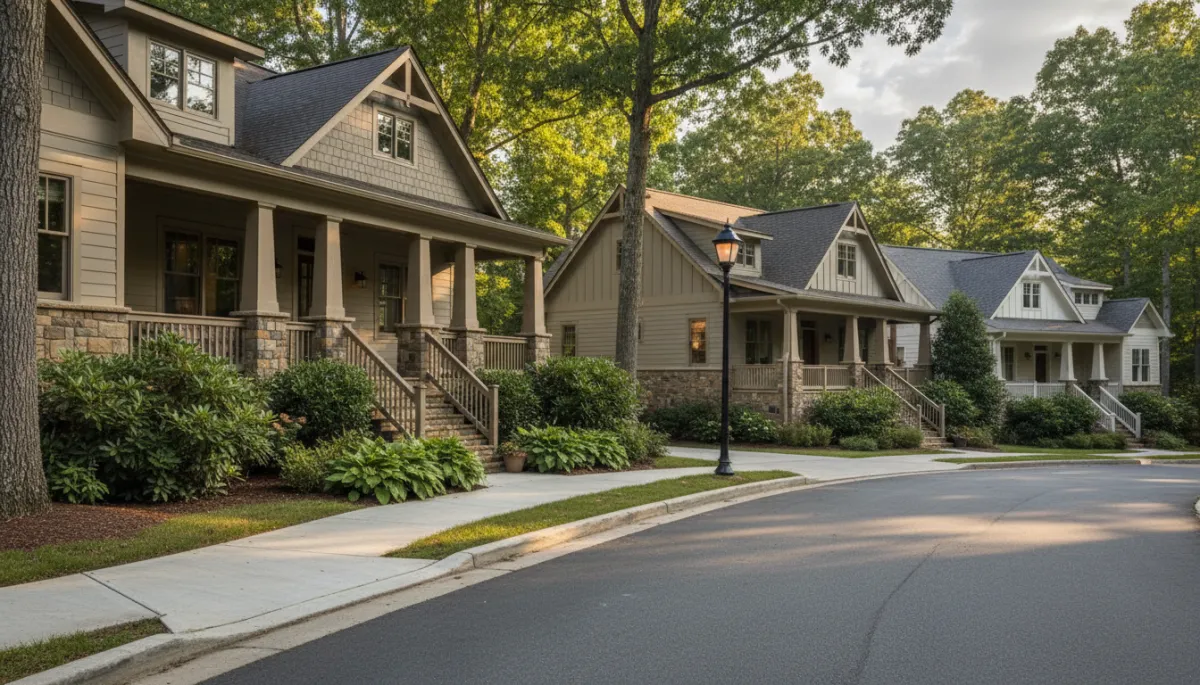 Quiet Biltmore Lake street lined with craftsman-style homes and mature landscaping Quiet Biltmore Lake street lined with craftsman-style homes and mature landscaping