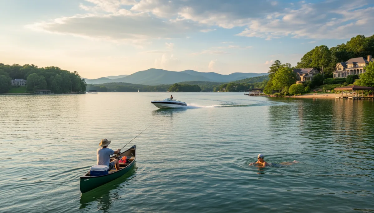 Residents launching kayaks and a canoe from a dock at Biltmore Lake