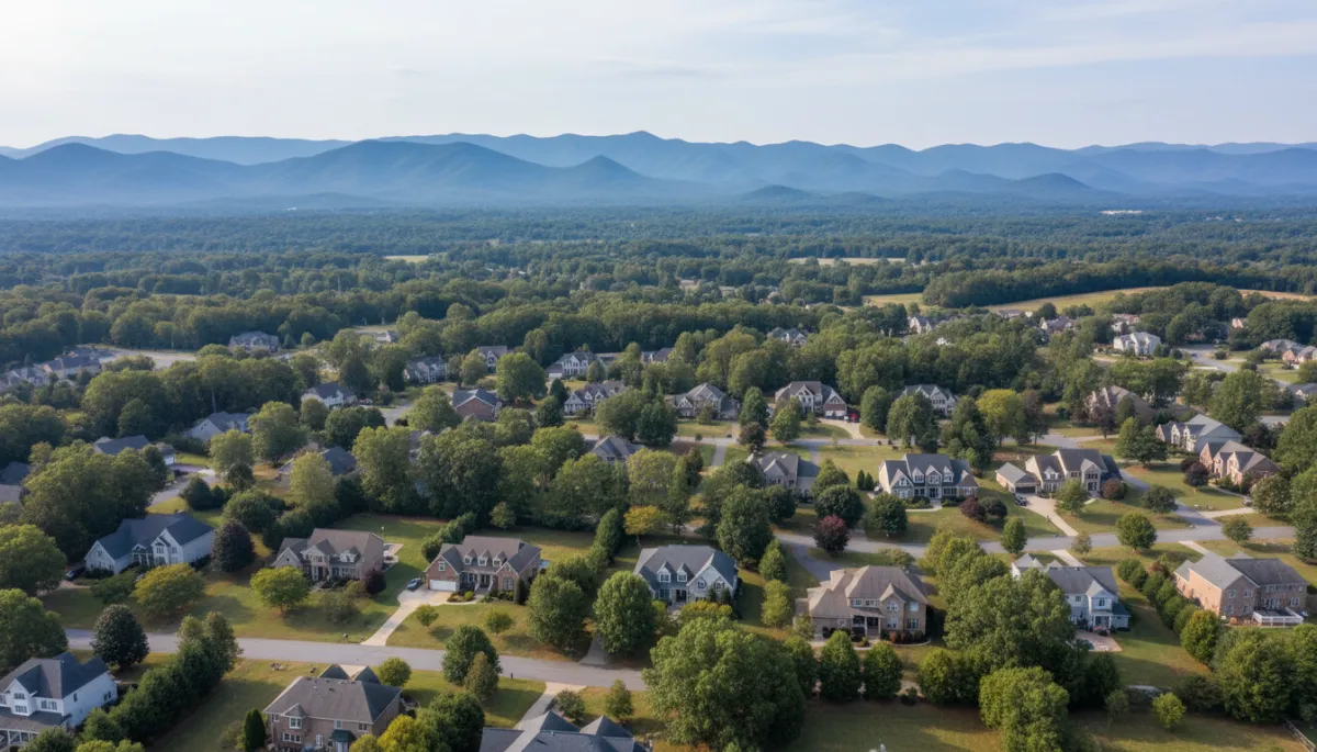 Aerial view of Western North Carolina homes with mountains in the background Aerial view of Western North Carolina homes with mountains in the background