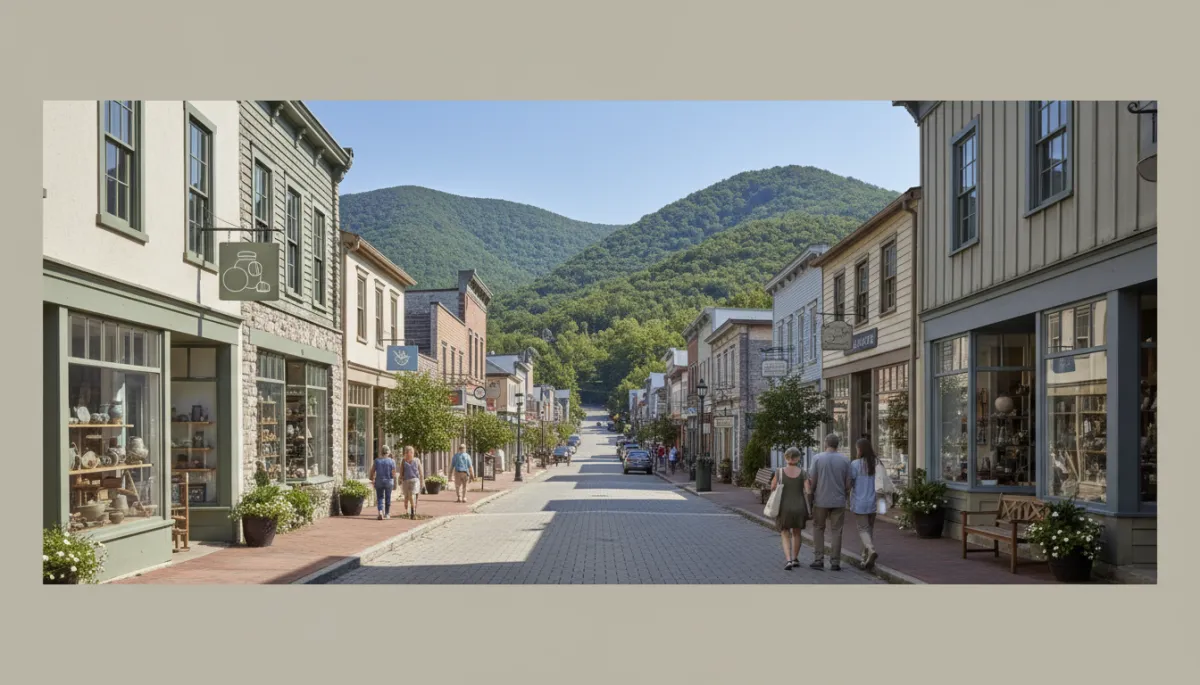 Charming Blue Ridge mountain town main street with shops and mountain backdrop Charming Blue Ridge mountain town main street with shops and mountain backdrop