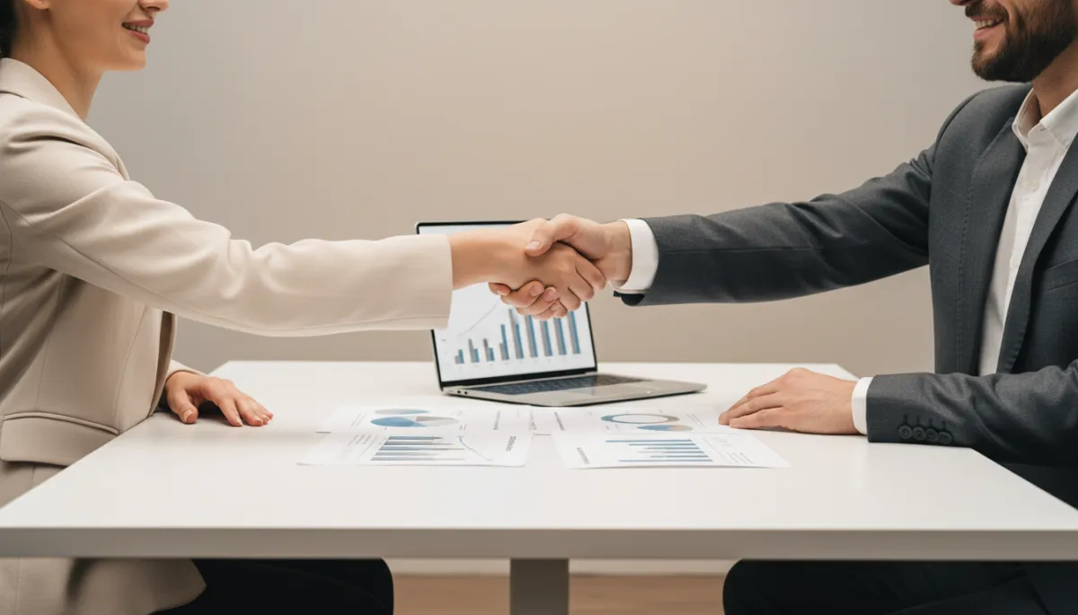 Hiring manager and candidate shaking hands over growth charts
